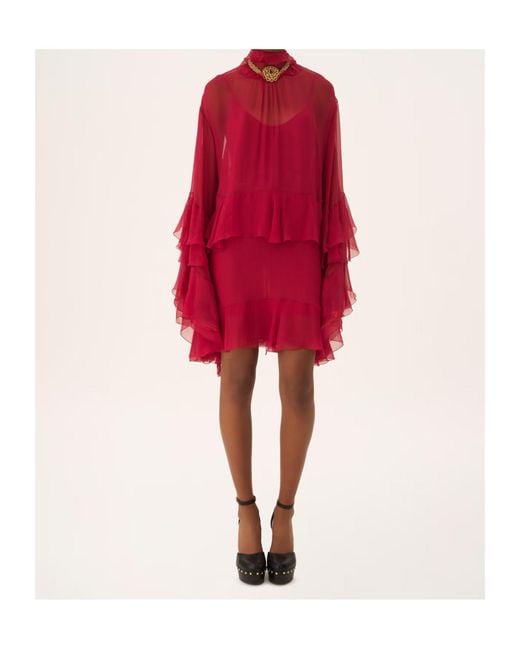 Chloé Red Chloé Sheer Detailed Ruffled Dress