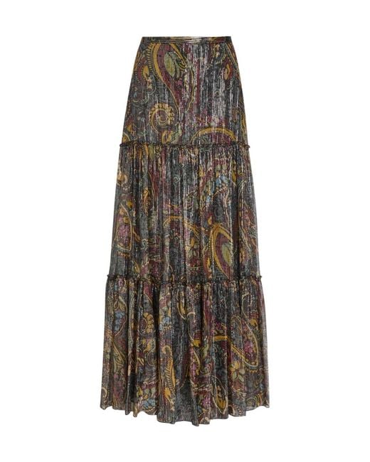 Etro Multicolor Printed Tiered Metallic Silk Midi Skirt