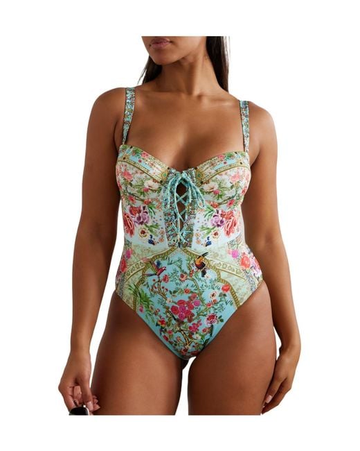 Camilla Blue Lace-Up Crystal-Embellished Printed Recycled Swimsuit