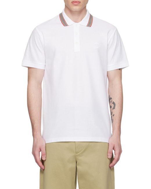Burberry White Logo Embroidered Short Sleeved Polo Shirt for men