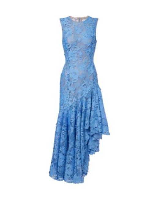 Oscar de la Renta Blue Asymmetric Floral Embroidered Cocktail Dress
