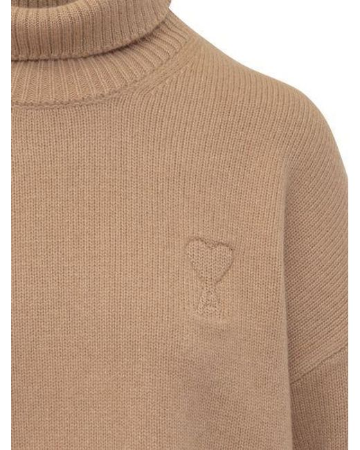 AMI Natural Logo Embroidered Turtleneck Jumper