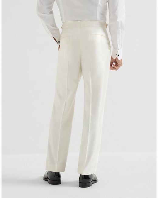 Brunello Cucinelli White Pleated Waist-Tab Silk Trousers for men