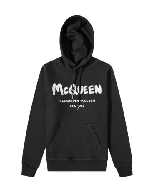McQueen Black Logo Printed Drawstring Hoodie for men