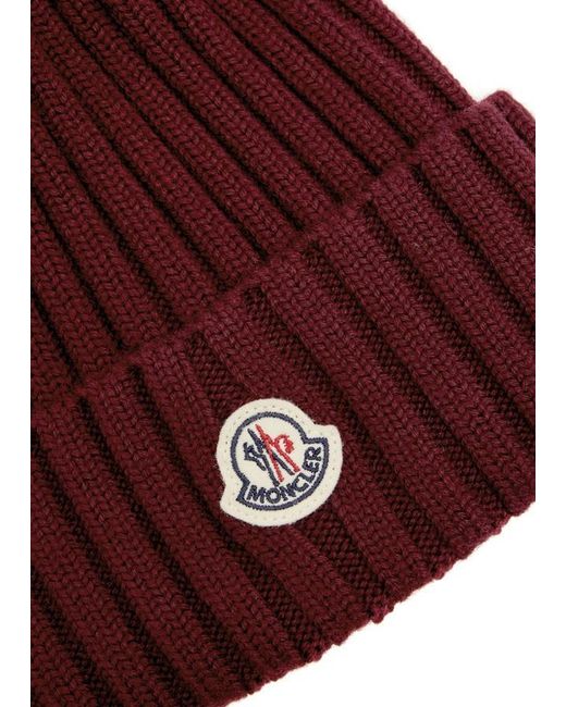 Moncler Red Ribbed Wool Bobble Hat