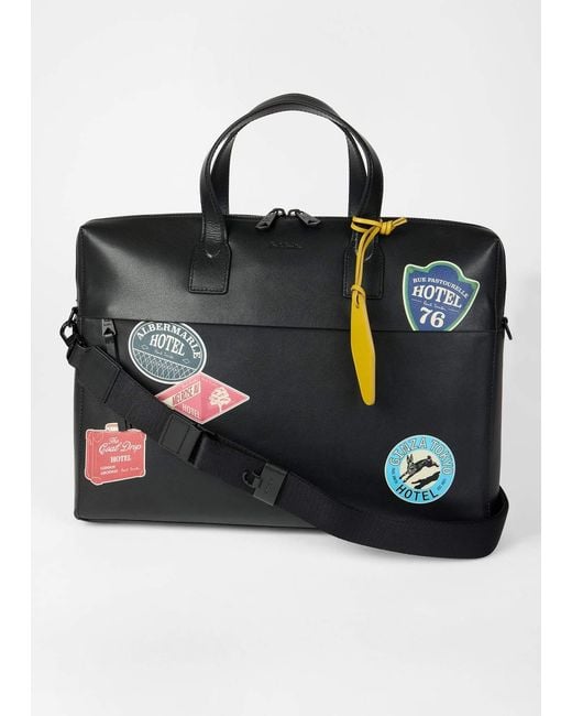 Paul Smith Black Hotel Stickers Zip-Up Briefcase for men