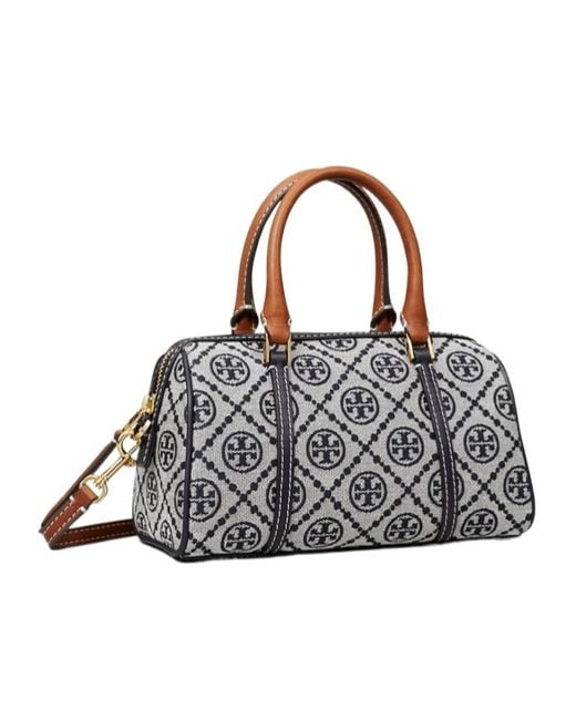 Tory Burch Gray T Monogram Zipped Mini Barrel Bag