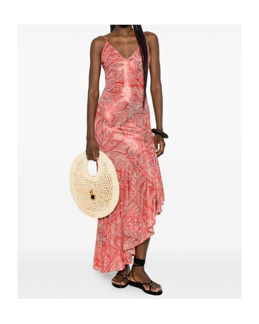 Etro Red Paisley Asymmetric V-Neck Dress