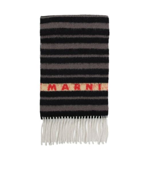 Marni Black Striped Logo Intarsia Fringed Scarf
