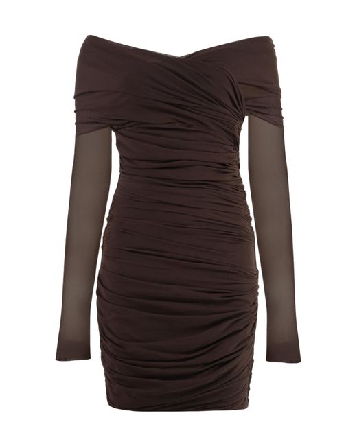 Philosophy Di Lorenzo Serafini Brown Bardot Neck Draped Mesh Mini Dress