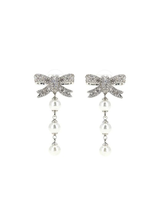 Self-Portrait White Crystal Bow Pearl Droplet Earrings