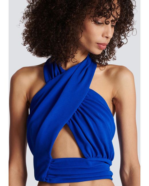 Balmain Blue Ruched Halter Neck Crossover Top