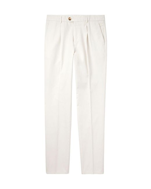 Brunello Cucinelli White Pleated Cotton Trousers for men
