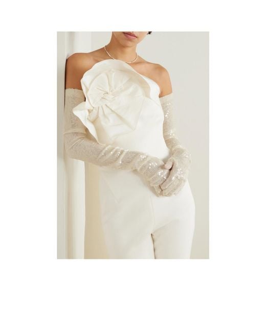 Safiyaa White Sequined Satin Gloves