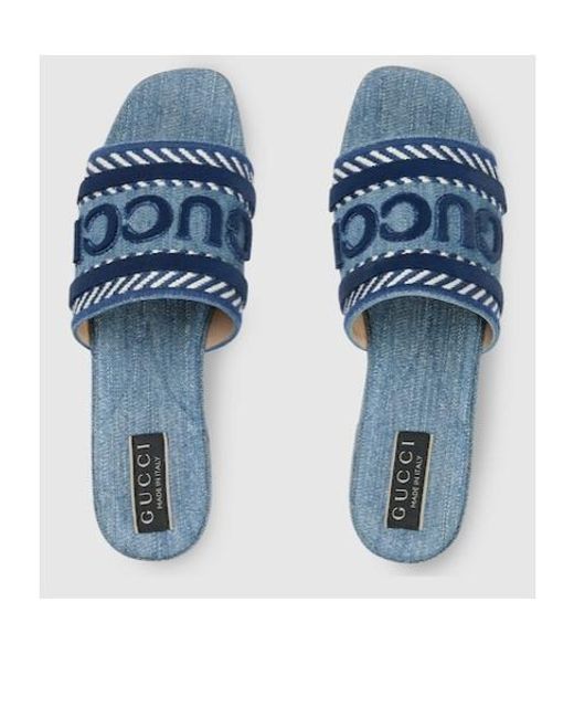 Gucci Blue Script Block Heel Sandals