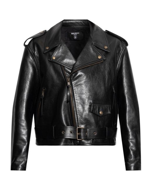 Balmain Black Collared Zip-Up Biker Jacket for men