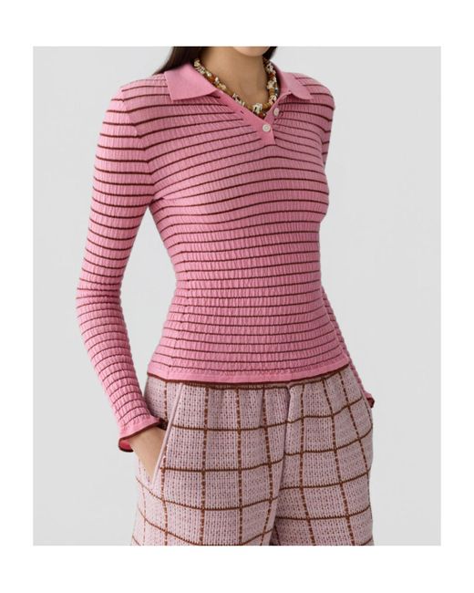 Guest In Residence Pink Striped Shirred Polo Shirt