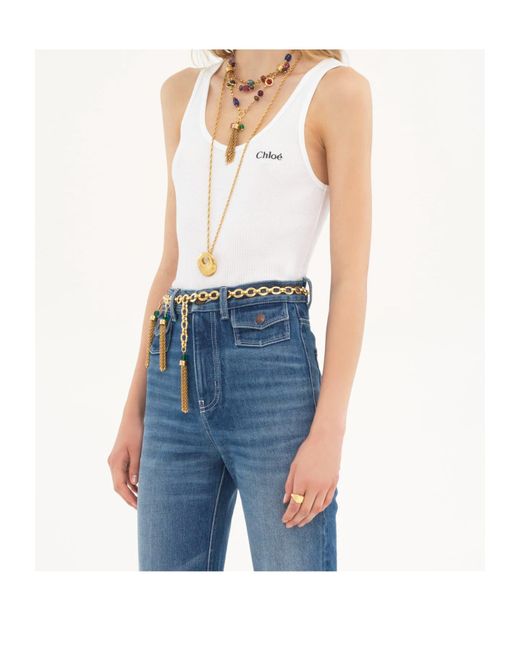 Chloé White Chloé Logo Embroidered Ribbed Tank Top