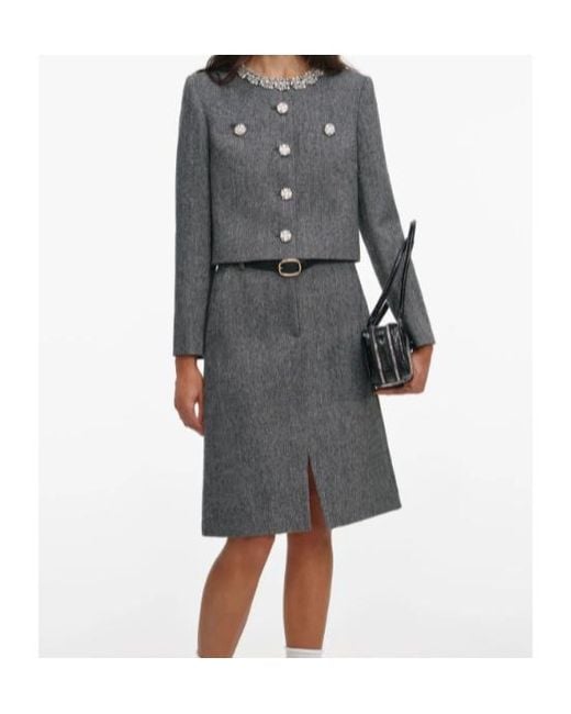 Self-Portrait Gray Herringbone Embellished Trim Jacket