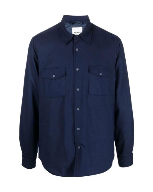 Aspesi Blue Press-Stud Fastened Long-Sleeved Shirt for men