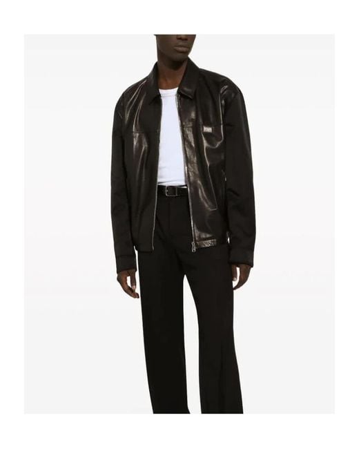 Dolce & Gabbana Black Logo-Plaque Leather Jacket for men