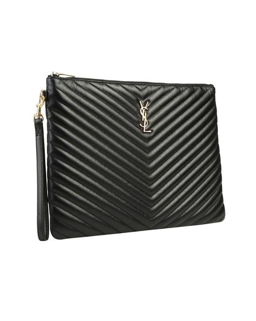 Saint Laurent Black Large Logo Monogram Quilted Clutch Bag