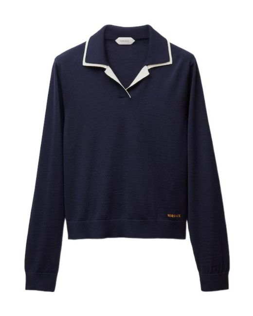 Versace Blue Wool Knit Polo Sweater