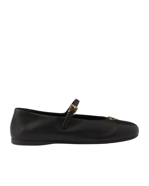Prada Black Logo Detailed Round-Toe Ballerina Shoes