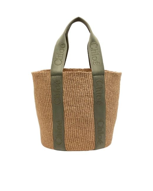 Chloé Metallic Woody Logo-Embroidered Raffia Basket Bag