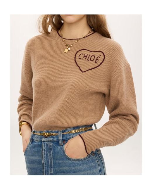 Chloé Natural Chloé Heart Logo Knitted Sweater