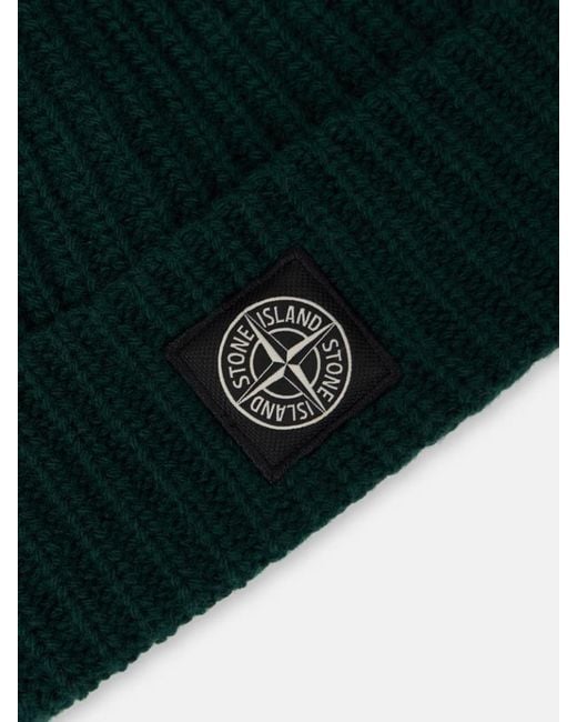 Stone Island Green Ribbed Knit Beanie With Compass Logo Patch for men
