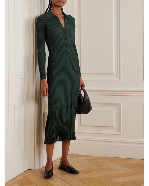 Proenza Schouler Green Luiza Ribbed-Knit Midi Shirt Dress