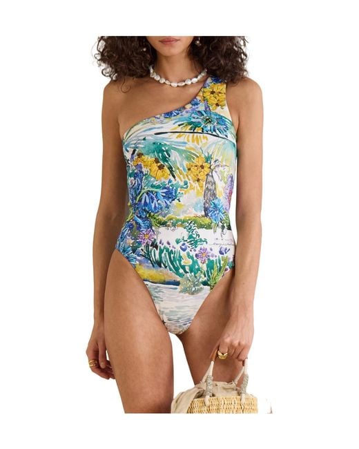 Mary Katrantzou Blue One-Shoulder Printed Swimsuit