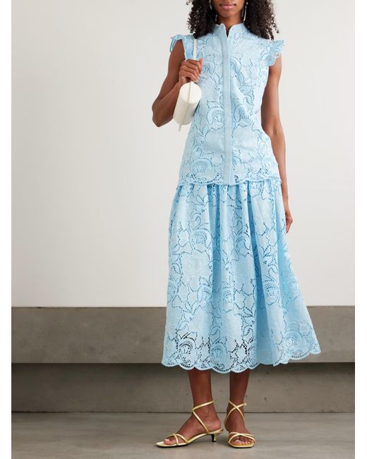 Erdem Blue Madeira Embroidered Shirt With Ruffles