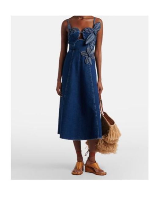 Farm Rio Blue Floral Appliqué Denim Midi Dress