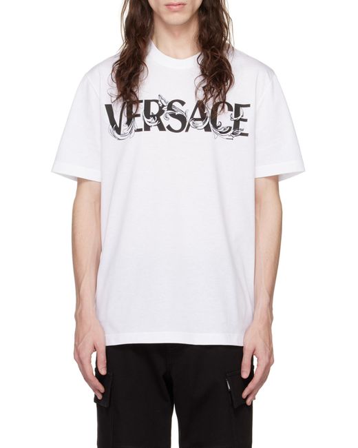 Versace White Logo Printed Crewneck T-Shirt for men