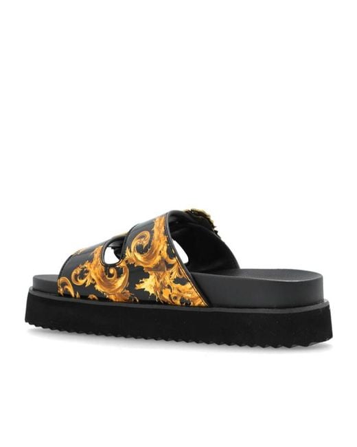 Versace Jeans Black Couture Buckle Embellished Barocco-Printed Sandals