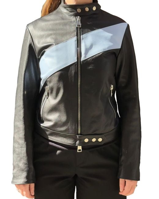 Lela Rose Black Colour-Block Leather Biker Jacket