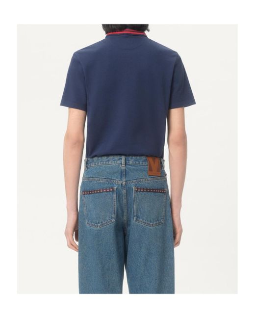Valentino Blue Cotton Piqué Polo Shirt With Vg Embroidery for men