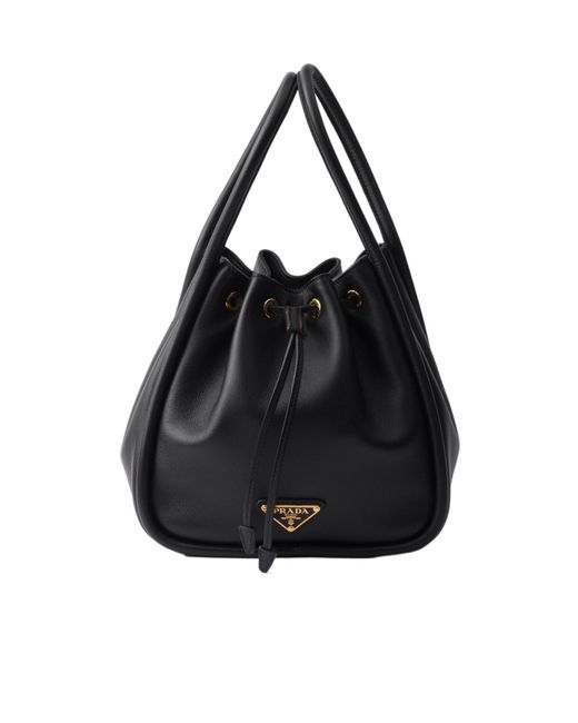 Prada Black Logo Plaque Drawstring Bucket Bag