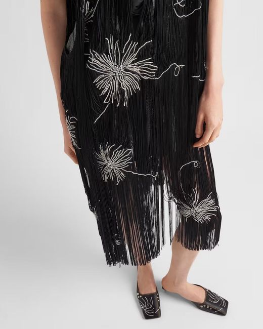 Prada Black Embroidered Dress With Fringe