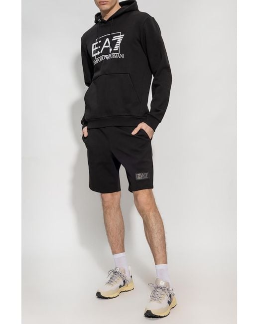 EA7 Black Logo-Print Drawstring Hoodie for men