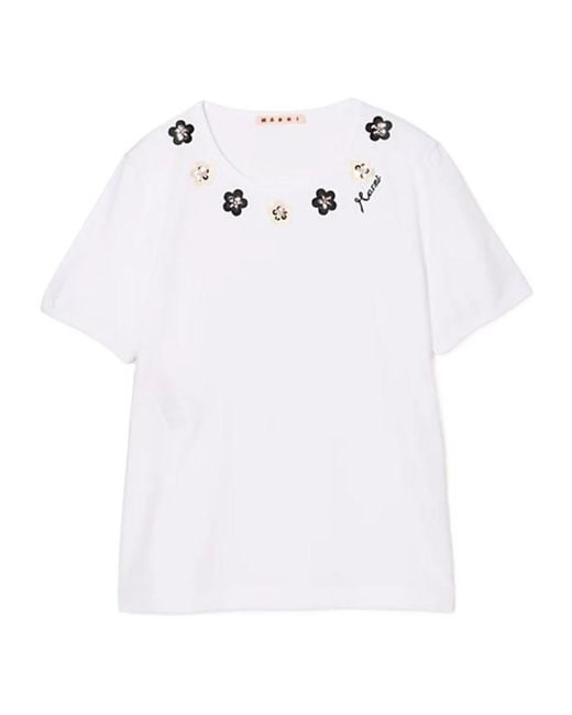 Marni White Floral-Embellished T-Shirt