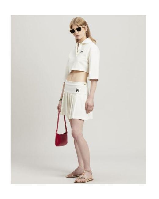 Palm Angels White Monogram Embroidered Cropped Polo Shirt