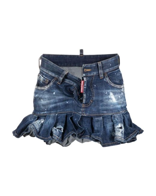 DSquared² Blue Distressed-Effect Pleated Denim Skirt