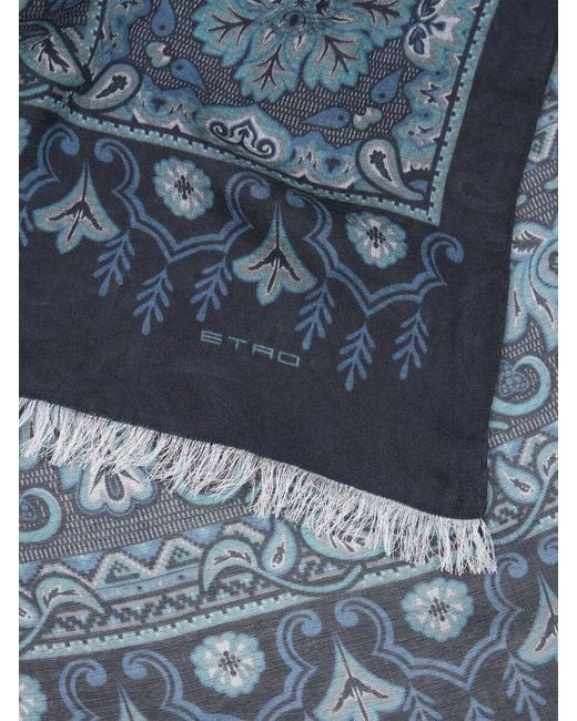 Etro Blue Jacquard Fringed Edge Scarf for men