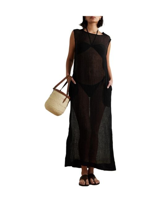 Lisa Marie Fernandez Black Hooded Linen-Blend Gauze Maxi Dress