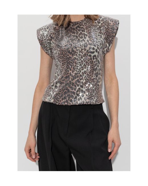 Ganni Gray Leopard Print Sequin Embellished Sleeveless Top