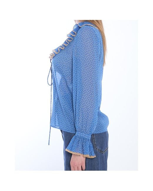 Valentino Blue Polka-Dot Printed Ruffled Blouse