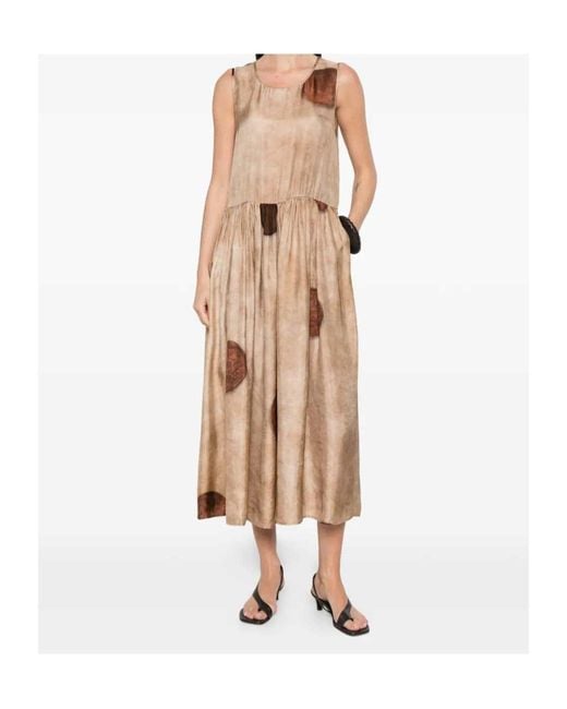 Uma Wang Natural Polka Dot Midi Dress Gathered Waist